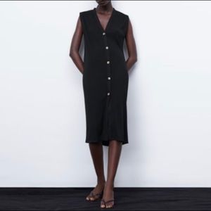 Zara Black Sleeveless Ribbed Button Down Dress in Large